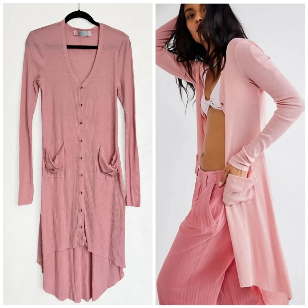 Free People Ribbed Lightweight Button Up Pink Dusted Sweater, L - Picture 11 of 11